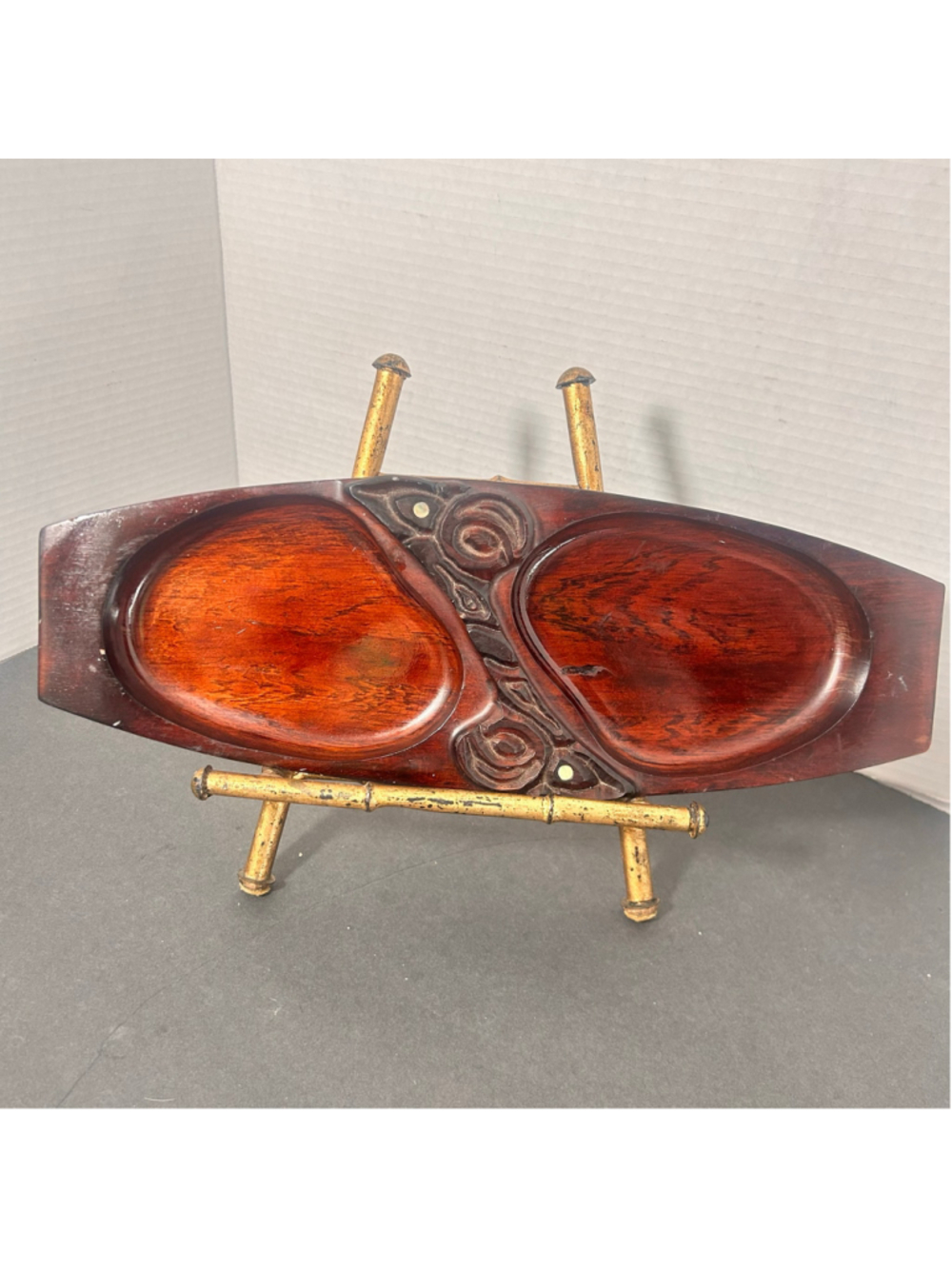 VTG Mahogony Wood Carved Trinket Tray Brown Sectioned Housewarming Gift Natural
